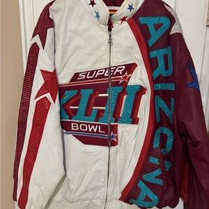 NFL Burgundy and White Super Bowl 42 NY Giants ard patriots Leather Jacket .